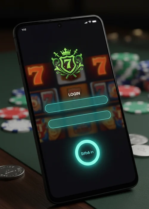 King Wins Casino login screen showing secure entry form with email and password fields, and a background of vibrant slot games, symbolizing easy access to gaming.