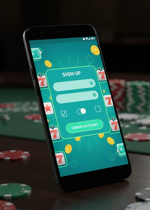Screenshot of the King Wins Casino three-step mobile registration form, showing email and password fields for new players on a smartphone.